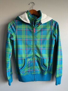 Empyre Womens Snow Fleece Zip Up Hoodie Blue Green Plaid White Sherpa Hood Small